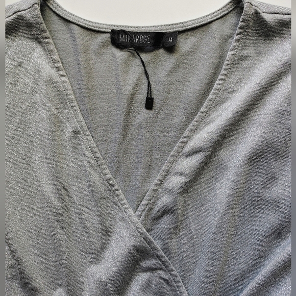 NWOT Mikarose silver glitter maxi dress elegant faux wrap bell sleeve sz M,L. - Picture 8 of 16